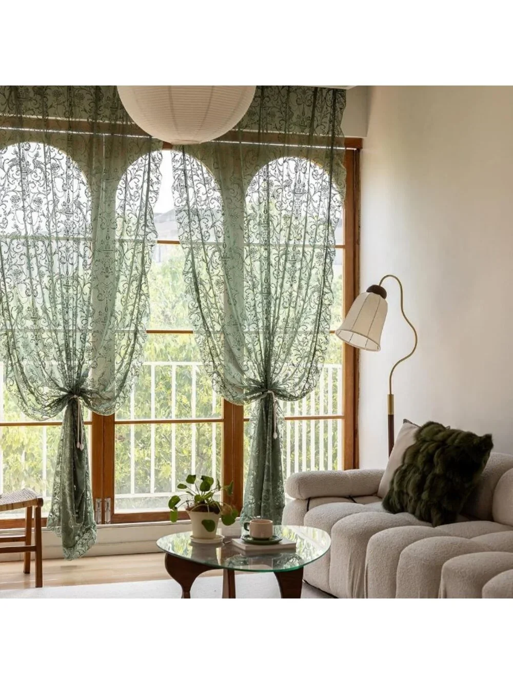 96-Inch Dark Green Sheer Curtains - Antique Lace Embroidery, Floral Ruffle, 2